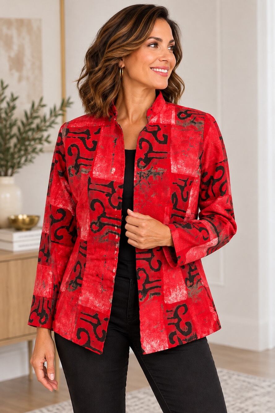 OOAK Handmade Red Global Print Art to Wear Lagenlook Jacket M